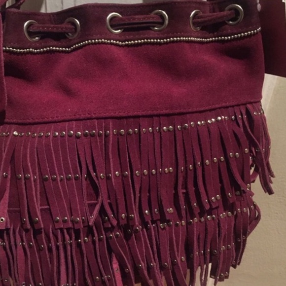 Mossimo Supply Genuine Suede Trim Boho Studs Fringe Burgundy Handbag Purse - Picture 2 of 2